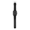A black smart watch with a square face and adjustable strap, featuring a simple grey display.