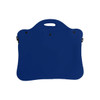 A blue laptop bag with a handle and a smooth surface, featuring a logo on the front.