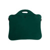 A green laptop bag with a handle, featuring a smooth exterior and snap buttons, suitable for carrying devices.