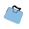 A blue deluxe laptop bag with a black handle, featuring a simple design and zip closure. It has a branding logo.