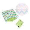 A reusable food pouch with a zipper closure, featuring a chevron pattern in teal, orange, and white, containing snacks.