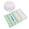 A reusable food pouch in pastel chevron patterns, featuring a Velcro closure and a logo.