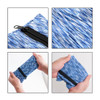 A mini wearable wallet in a blue patterned fabric, featuring a zip closure and easy to fold design.