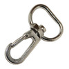 A metal swivel snap hook in silver with a rounded top and a spring-loaded latch.