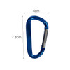 A blue 8cm carabiner with a silver locking mechanism, featuring a logo. Measurements are indicated as 4cm by 7.8cm.