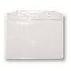 A clear PVC card holder with a top slot and two holes for attachment, suitable for displaying cards.