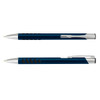 A metal pen featuring a blue body with silver accents and a clip, showcasing a sleek design.