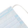 A disposable children's mask in light blue and white, featuring ear loops and multiple pleats, with branding visible.