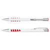 A white barrel metal pen with red accents and grip sections, featuring a silver clip and branding.