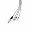 A silver charging cable with three connectors, featuring a keyring attachment. Ideal for charging multiple devices.