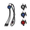 A 3-in-1 charging cable with a black braided design, featuring three connectors and a circular illuminated logo.