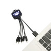 A square-shaped light-up charging cable featuring multiple connectors, in black, connected to a laptop.