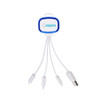 A white LED charging cable with multiple connectors and a blue logo, featuring a USB and two additional connectors.
