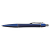A blue metal pen with a sleek design and silver accents. The pen features a clip for easy carrying and a glossy finish.