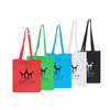 A set of five 140gsm coloured long handle cotton bags in red, green, white, black, and blue, each with a logo.