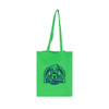 A bright green cotton tote bag with long handles features a logo in blue.