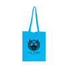 A light blue cotton bag with long handles and a logo on the front.