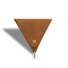 A triangular brown coin holder with a brass snap button and a keyring attachment. It has a textured finish.