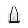 A small canvas tote bag in white with navy handles and a logo on the front.