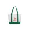 A small canvas tote bag in white and green, featuring a logo on the front and two sturdy handles.