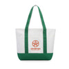 A large canvas tote bag in white with green accents, featuring a logo on the front.