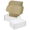 A white die cut box with a locking lid, positioned open, revealing an interior of brown cardboard.