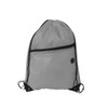 A grey polyester drawstring bag featuring a zippered pocket and black accents. The bag also has a logo.