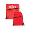 A red polyester drawstring bag features a zippered pocket and a logo. The bag can be folded for compact storage.