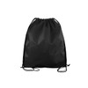 A black polyester drawstring bag with cinch closure and a logo on the front.