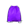 A purple polyester drawstring bag with black cords and a simple design. It features a logo.