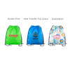 Three drawstring bags in bright green, blue, and a patterned design, each featuring a logo or branding.