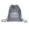 A grey drawstring bag with a logo featuring mountains and the word "Investments" printed in white.