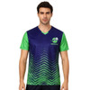 A unisex adult T-shirt featuring a blue body with green sleeves and a geometric design. It includes a logo.