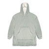 A light green hoodie with a large front pocket and a fleece-lined hood. It features branding.