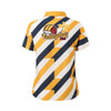 A button-up women's shirt in navy, yellow, and white with a volleyball design and a palm tree. It features a logo.