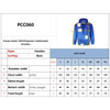 A blue unisex hoodie made of 100% polyester, featuring a pocket and a size chart.