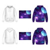A white hoodie and a purple space-themed hoodie with a graphic of planets and stars, featuring a pocket.