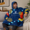 A unisex navy blue wearable blanket with colourful patterns and a hood, featuring an absorbent lining.