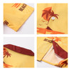 Men's yellow Cuban collar shirt featuring a beach print, buttoned detail, and contrasting maroon trim.