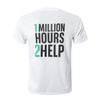 A white round-collar unisex T-shirt featuring a large printed message and a logo.