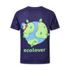 A unisex navy V-collar tee shirt featuring a graphic of a stylised Earth with trees and a house, along with the word "ecolover."