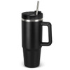 A drink bottle in matte black with a silver band, featuring a straw and a handle for easy grip.