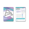 A small, printed name tag in vibrant colours, featuring geometric designs and a logo. Offered in a rectangular shape.