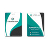 A large unique printed name tag in teal, black, and white featuring a logo on one side and space for a name and details on the other.