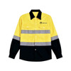 A unisex cotton long-sleeve shirt in bright yellow and black with reflective stripes and a logo.