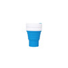 A reusable 355ml collapsible silicone coffee cup in blue and white, featuring a logo on the side.