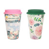A reusable bamboo coffee cup set featuring a floral design with a pink lid and a green lid. Each cup has a logo.