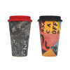 A reusable bamboo coffee cup set featuring a floral design with a red lid and a geometric pattern with a black lid.