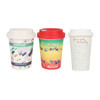 A set of three reusable bamboo coffee cups featuring various colourful designs and screw lids. Each cup has a distinct pattern.