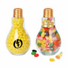 A drink bottle designed in a bulb shape, featuring a golden top, filled with colourful jelly beans. Branding is visible.